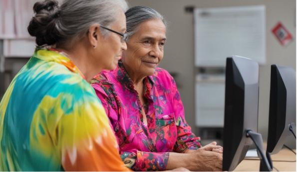 Two women talking and wearing colourful shirts.